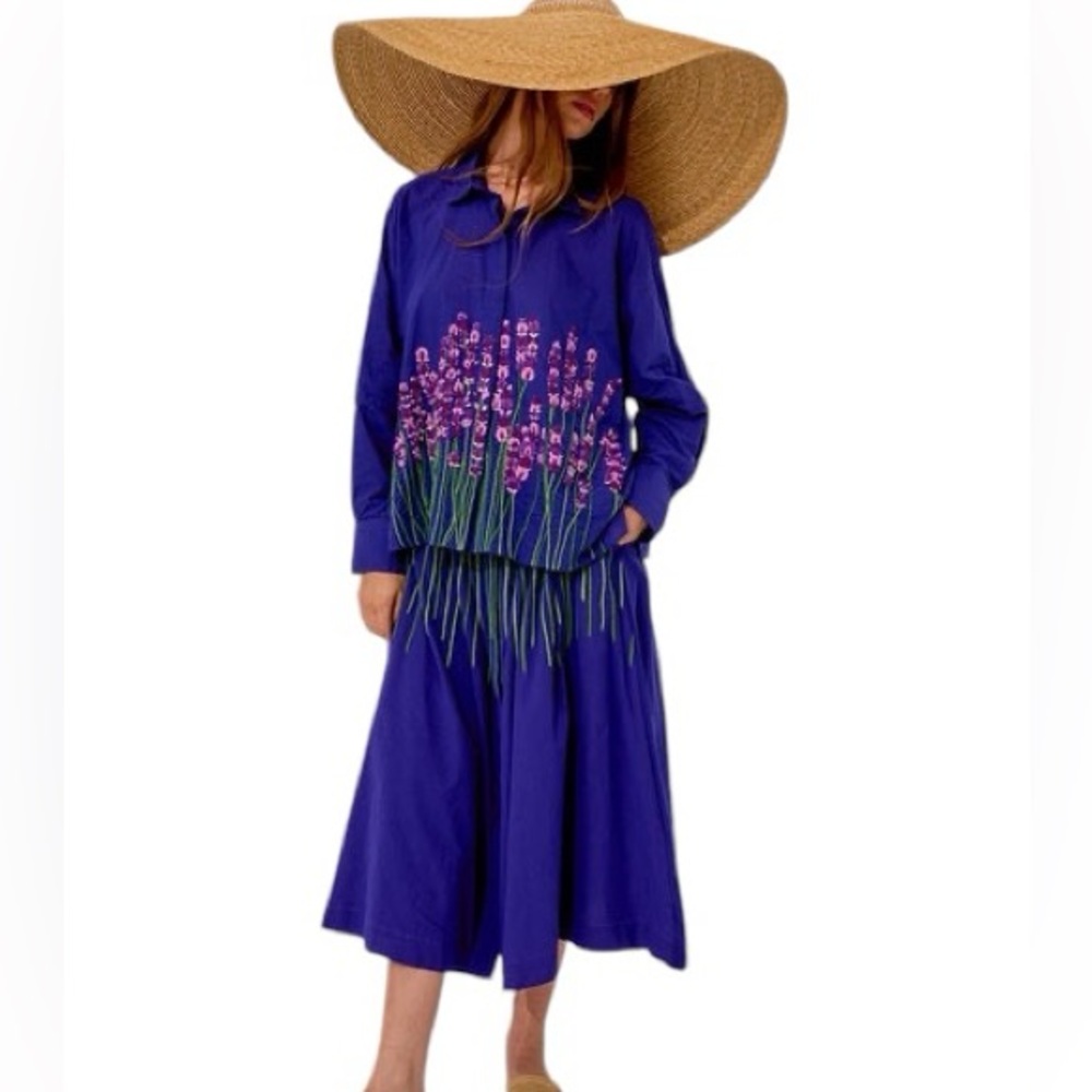 Mii Mona Embroidered Skirt Lavender Royal Blue Sz M Cotton Boho Artsy Peasant